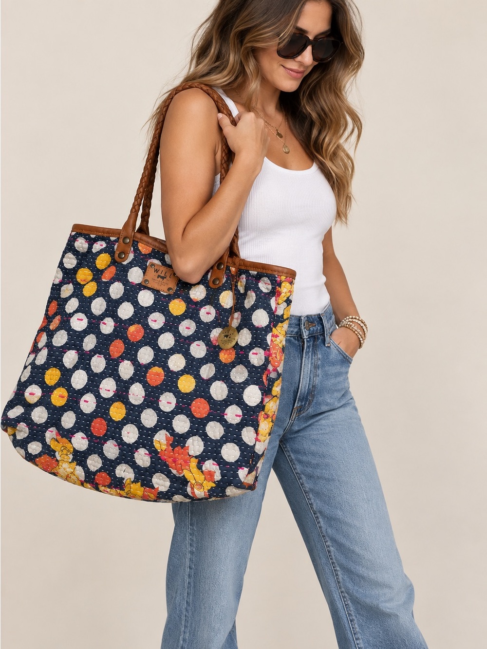 WILL Leather Goods Kantha Reversible Quilted Tote Bag Leather Handles OOAK